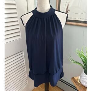 BOSTON PROPER Womens Top XL Navy Blue Halter Banded Bottom Mock Neck Open Back